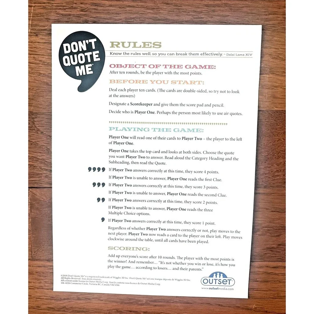 Outset Media Don't Quote Me`Game Players 2+ Age 12+ 396 Sealed Cards 792 Quotes
